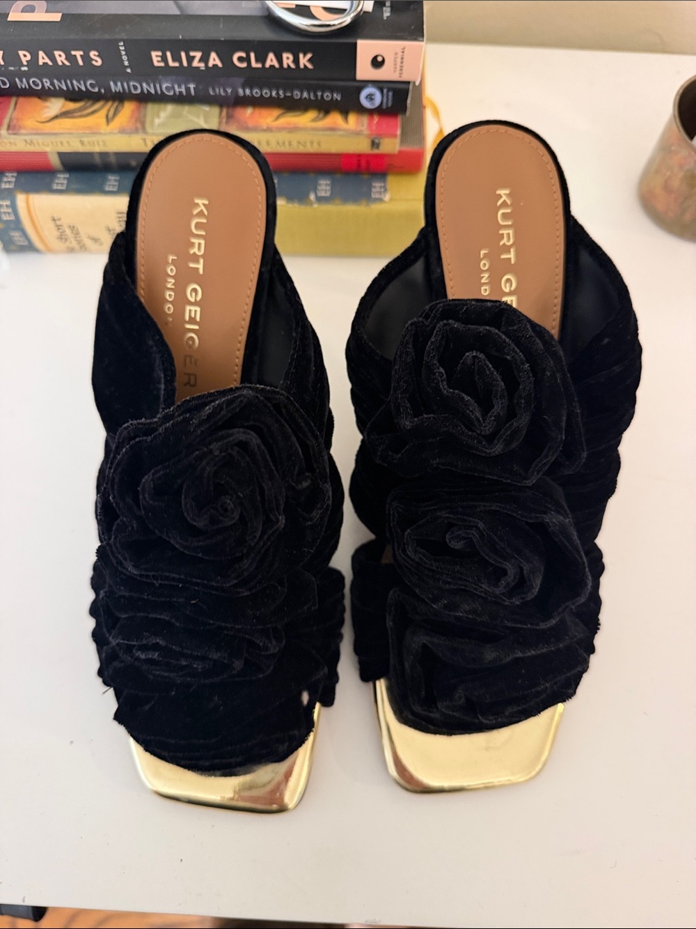 Kurt Geiger Black Velvet Floral Mules with Gold Toe
